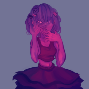 Drawing of a blue a pink and purple girl.